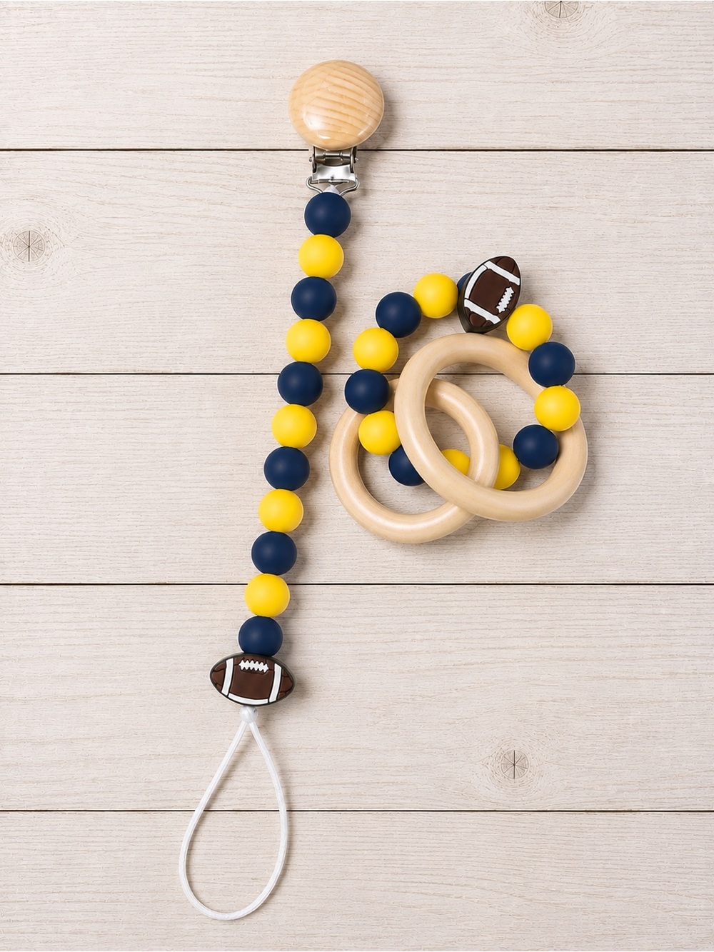 WVU Navy & Yellow Baby Teething Ring and Pacifier Clip Set